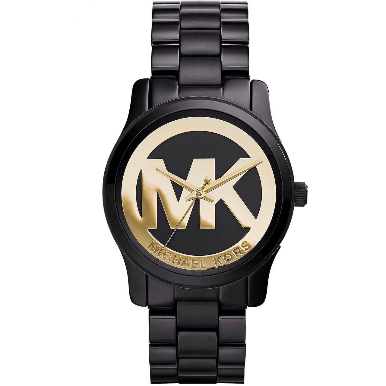 Michael Kors MK6057 - Reloj Runway para mujer con esfera negra y dorada con baño de iones negro